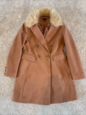 Topshop Double-Breasted Pea Coat with Faux Fur Collar in Camel Brown